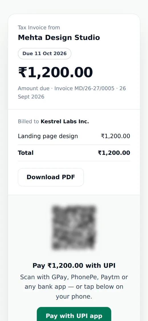 What a customer sees on their phone: amount due, invoice details, PDF download and UPI payment